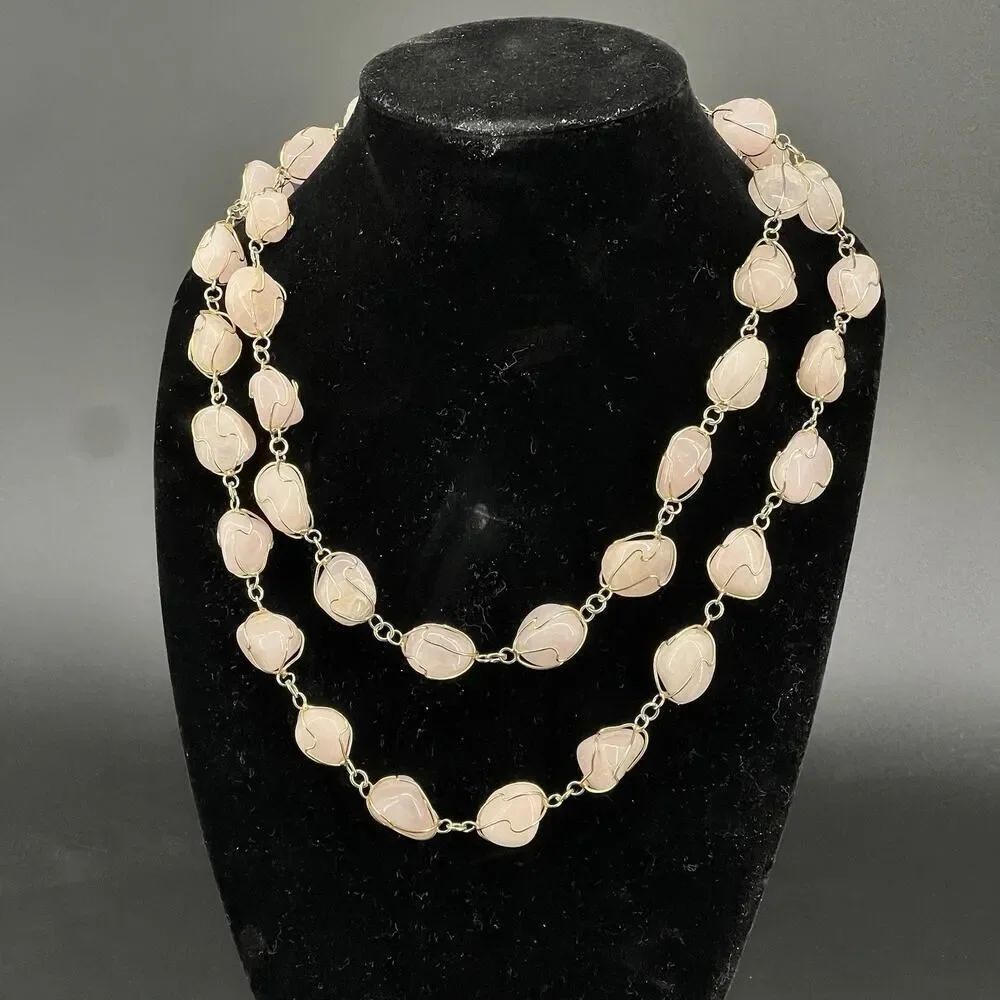 Genuine Rose Quartz Necklace 48” Long Pink Stone Wire Wrapped Statement